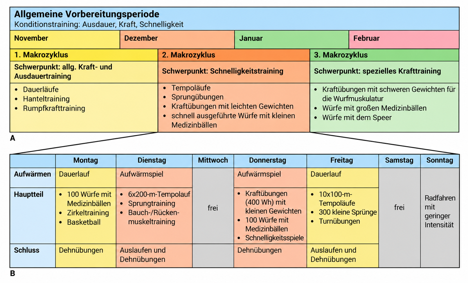 Übersicht eines Trainingsplans mit Vorbereitungsperioden, Makrozyklen und einem Wochenplan für Leichtathletiktraining.